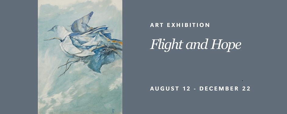 exhibit title with an image of a painting of an abstract bird