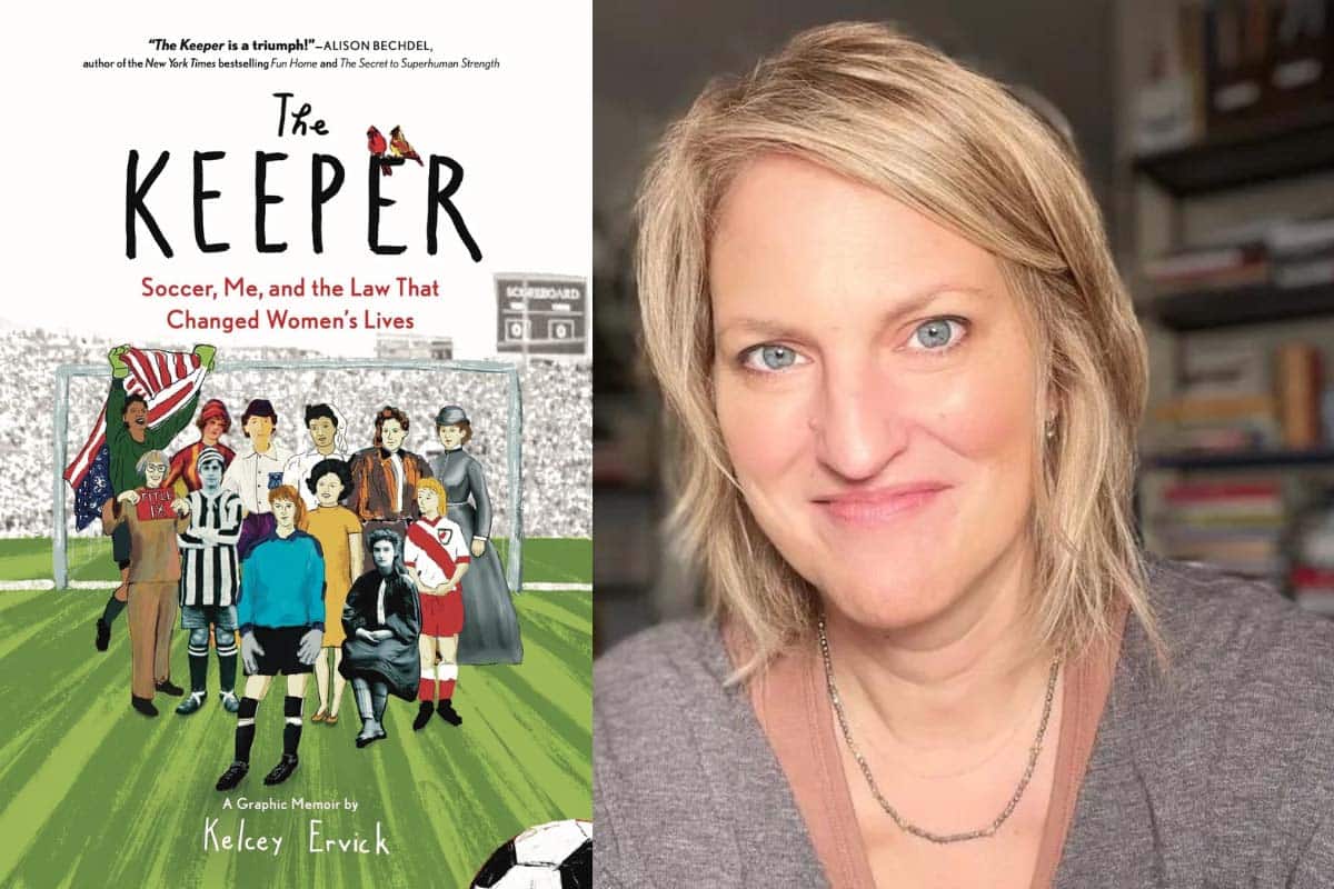 Side by side image of the author with the cover of her book, which shows a collage image of illustrations and historic photos of women arranged in front of a soccer goal.