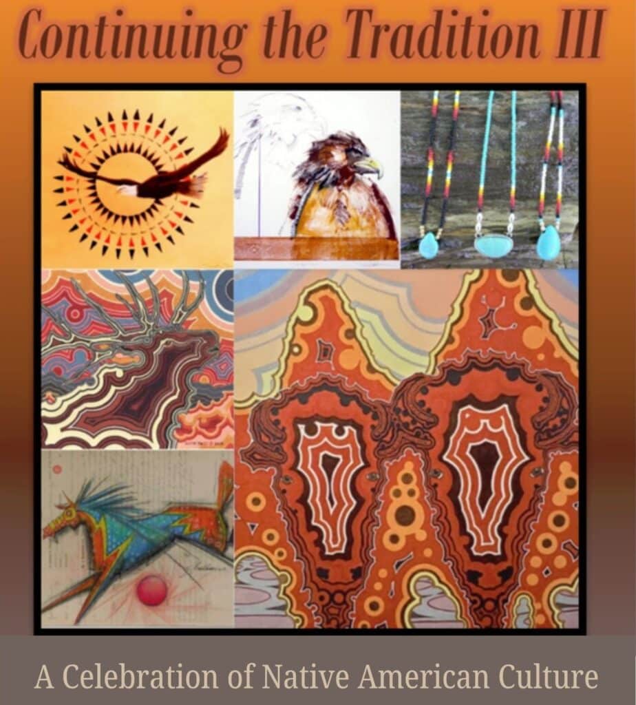 composite image of various Native American art including images of a horse, an eagle, beadwork, and agate-like patterns