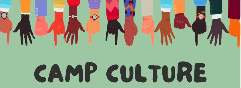 Diverse hands gesturing to the camp name.