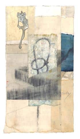 Artwork: graphite on collaged paper with a spot of poured pewter. Elements of the work could suggest a rope and a zigzag wall.