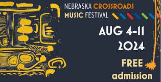 abstract art on left side of banner with text on right: Nebraska Crossroads Music Festival Aug4-11 2024 free admission