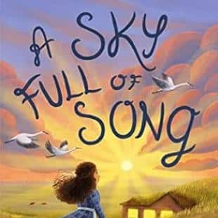 Book cover illustration shows a girl and cat out on the prairie with the sun low on the colorful cloudy horizon. In the near distance is a homestead with a menorah in the window. Geese fly overhead.