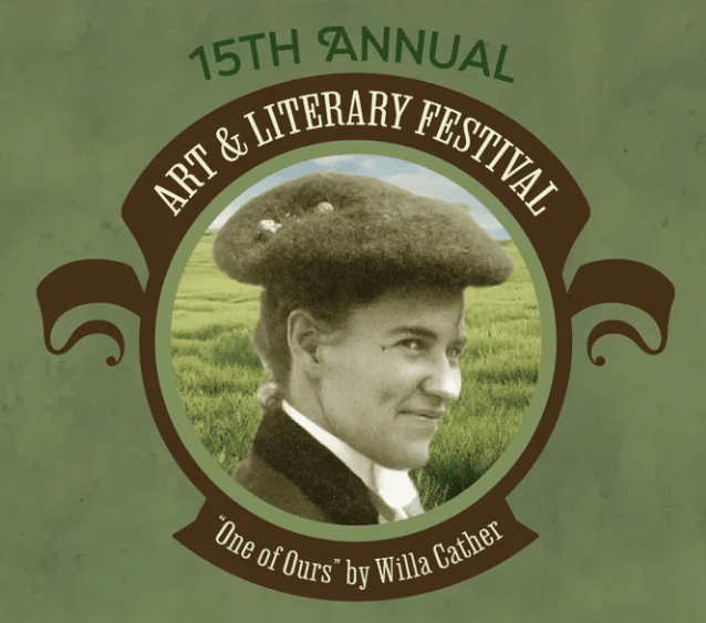 Black and white profile image of a woman's head with a color image of green prairie grass and sky behind her, enclosed in a decorative circle with the words "Art & Literary Festival 'One of Ours' by Willa Cather" framing the image.