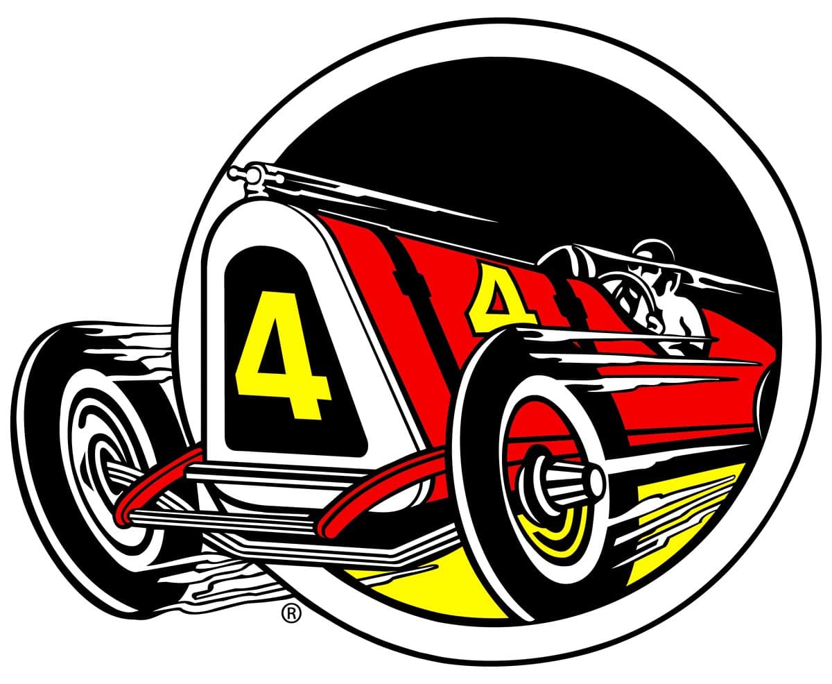 Illustration of an old-fashioned race car with the number 4 on it, drawn with angles and lines to suggest speed.