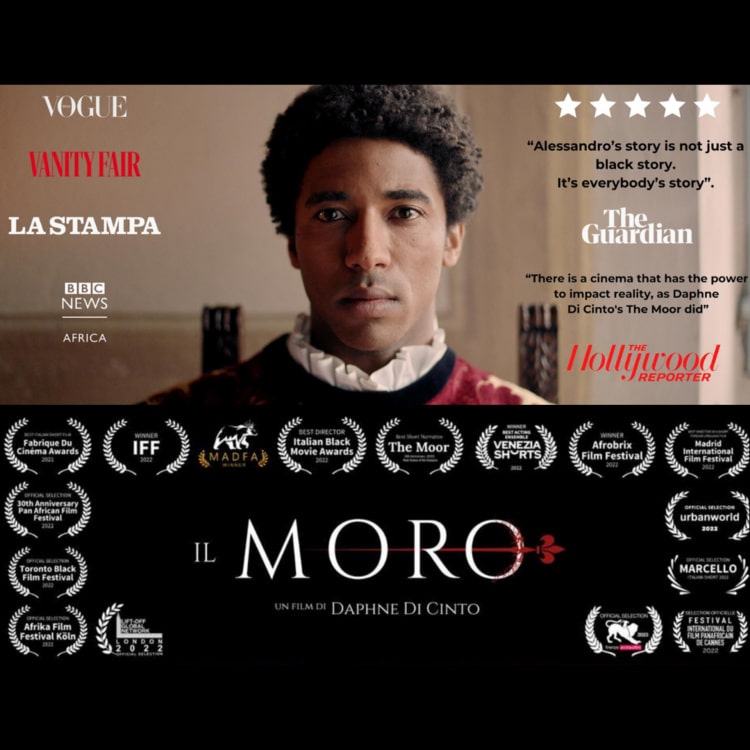 A screenshot from the film shows a dark-skinned man with short curly hair in rich-looking clothing. The images is surrounded by multiple film awards, blurbs and accolades.