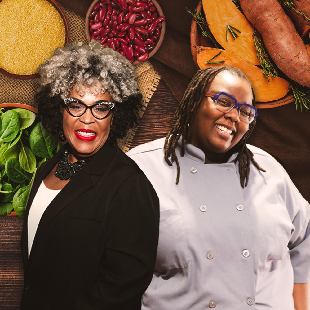 Composite image of speakers Annette Crowder and Chef Meya Hill in front of a backdrop of food in bowls: baby spinach leaves, grits, beans, and sweet potatoes.