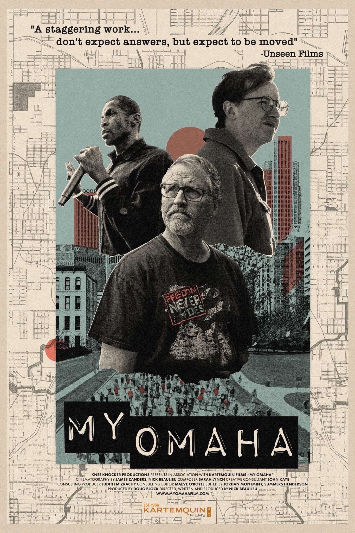 My Omaha film poster. Background is an old map of Omaha. Mid ground is an image of a protest on a city street. Foreground is three characters from the film: Leo Louis II, who is Black, and Nick Beaulieu and his father, Randy, who are white.