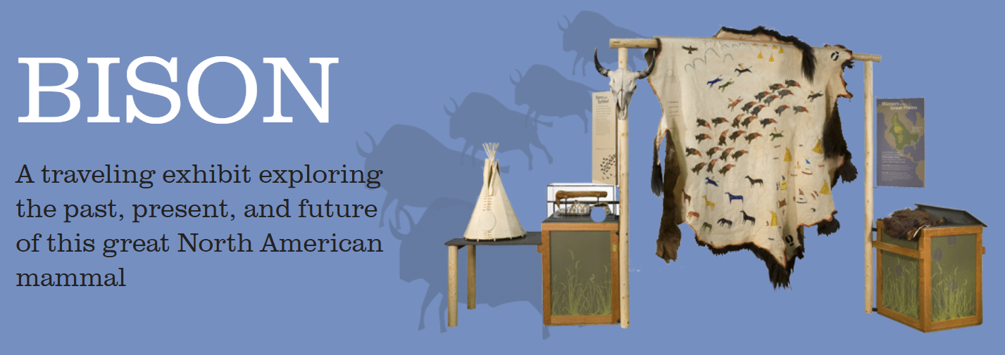 Text on image reads: Bison A traveling exhibit exploring the past, present, and future of this great North American mammal. There is a blue background with darker blue silhouettes of bison behind a photo of a portion of the exhibit that features a large bison hide draped over a doorway-sized wooden frame. The hide has images painted on it of bison, horses, tipis, and people on horseback.