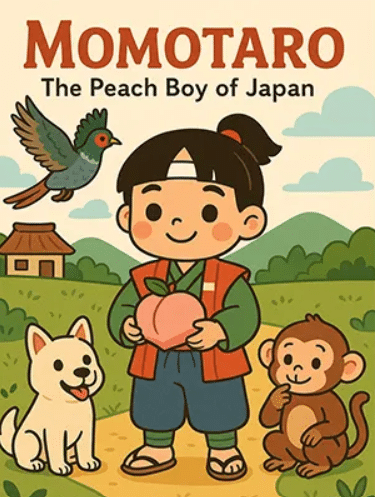 Text reads: Momotaro The Peach Boy of Japan atop a cartoon illustration of a boy in traditional Japanese clothing who is holding a peach. On either side of him sit a monkey and a white dog. A pheasant flies above. In the background is a traditional Japanese home and greenery and mountains.