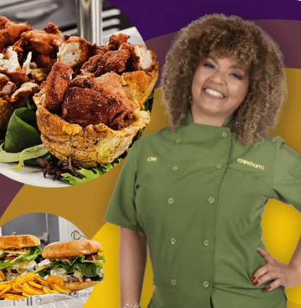 A woman in a green chef's top smiles in the photo. Images of food appear in the background.