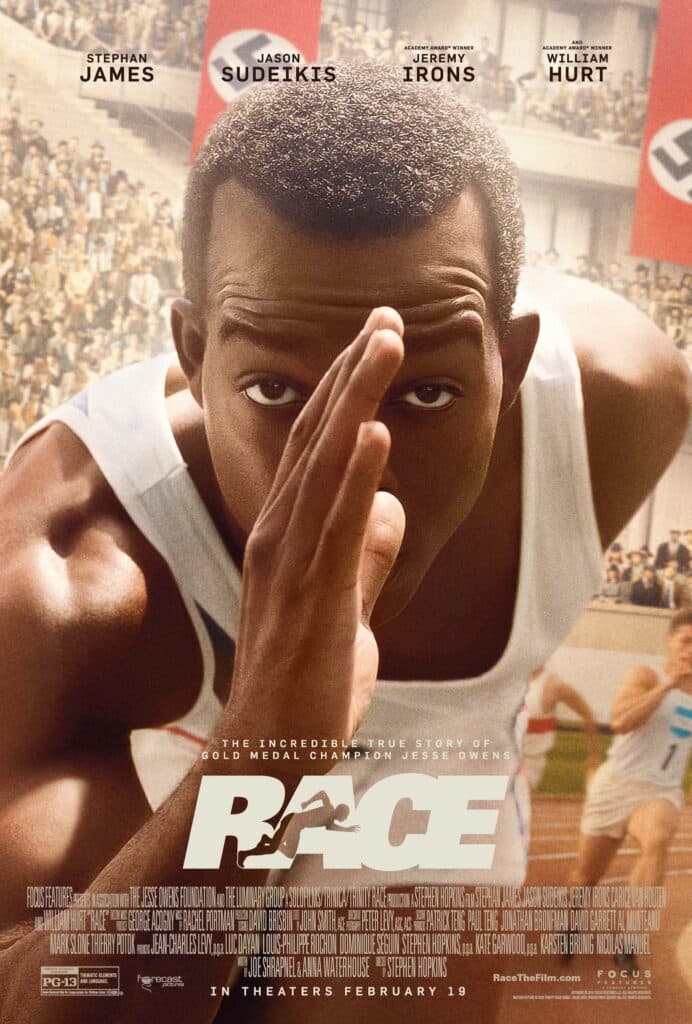 Movie poster for Race, showing the Black actor portraying Jesse Owens posed during a running race. A crowd of people and Nazi banners are visible behind him, along with some other runners on the track who are white.