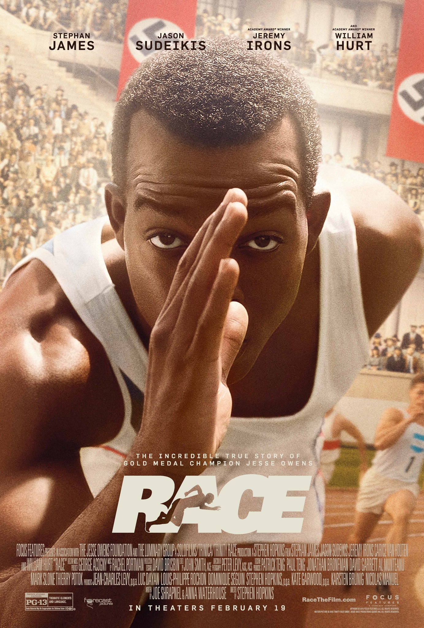 Movie poster for Race, showing the Black actor portraying Jesse Owens posed during a running race. A crowd of people and Nazi banners are visible behind him, along with some other runners on the track who are white.