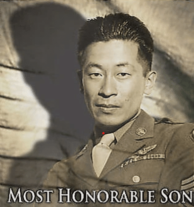 Black and white photo of Ben Kuroki in military uniform, with the film title Most Honorable Son.