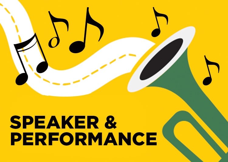 Event logo with an illustration of a trumpet and music notes along with the words "speaker & performance"