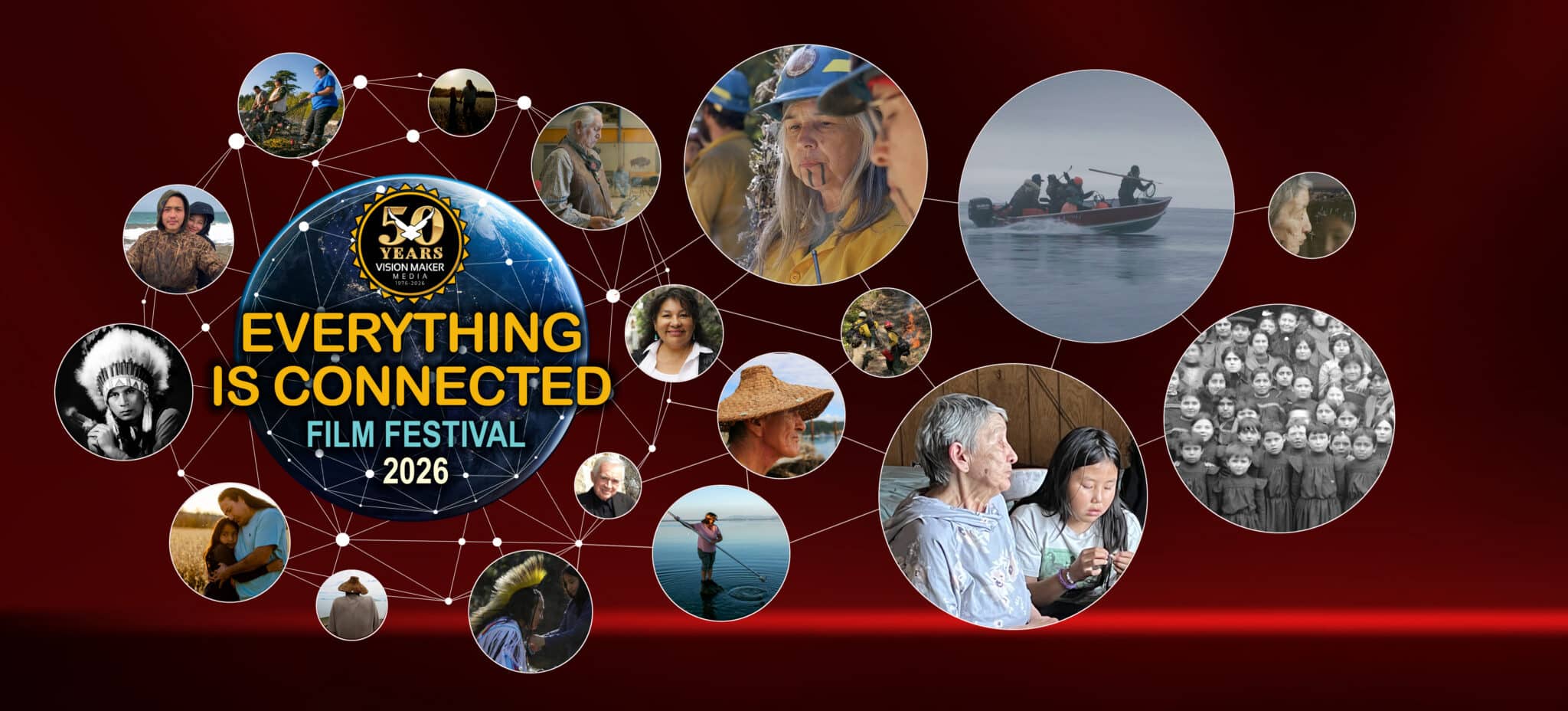 Film festival banner featuring a weblike structure of interconnected circles containing images from films, most featuring the faces of Indigenous people. Also included are the 50th anniversary logo of Vision Maker Media and the film festival title: everything is connected film festival 2026