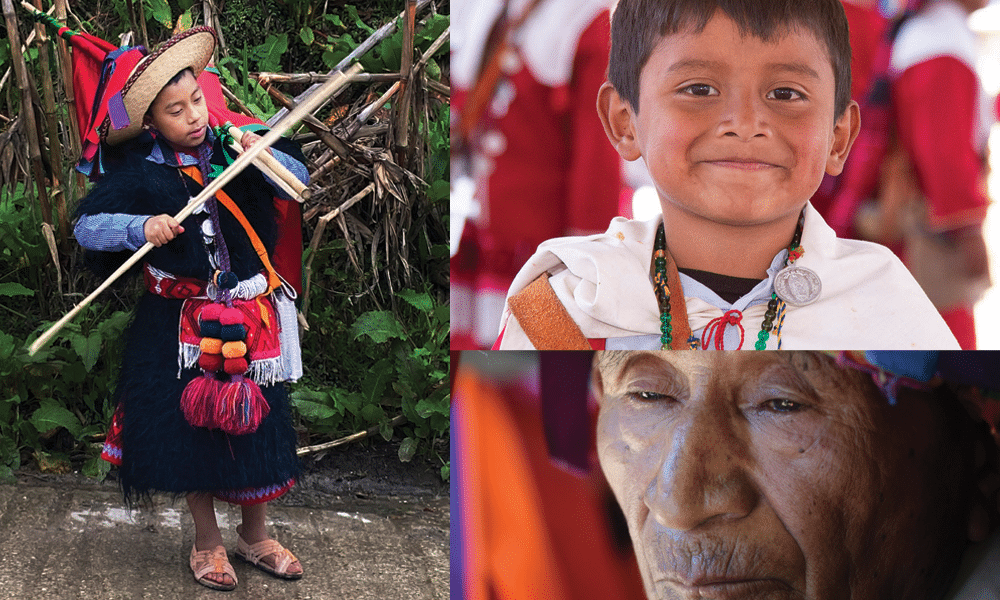 A compilation of three photographs, two of children in traditional attire, one of a closeup of an elder's face.