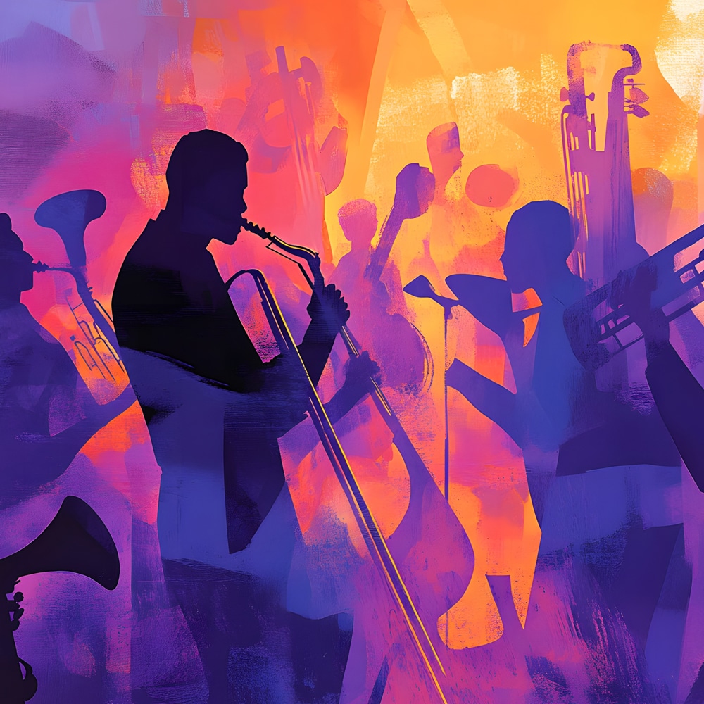 Stylized illustration of silhouettes of jazz musicians.