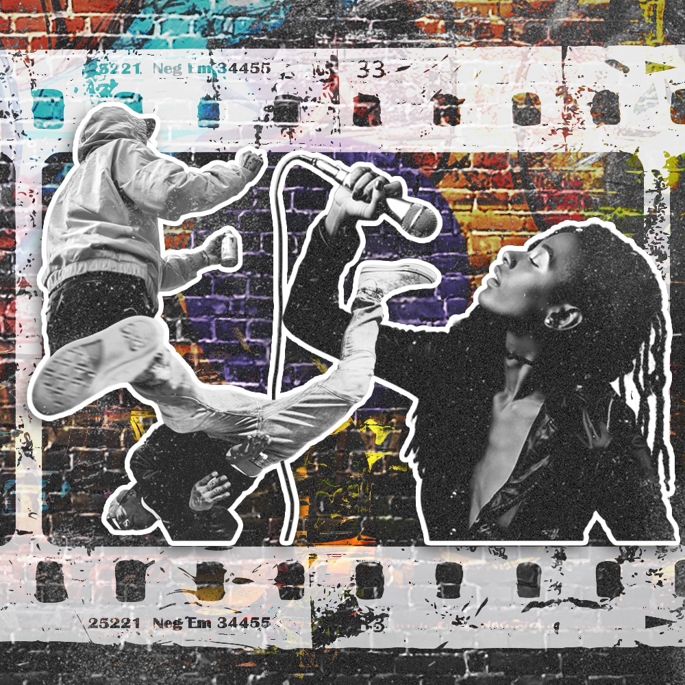 Illustration of three black and white photos of people on top of a background of a graffitied brick wall framed by a film strip. One person has a can of spray paint, another has a microphone, and the third person is break dancing.