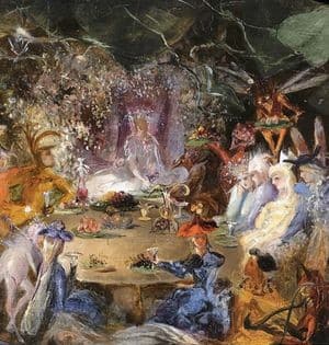 Image from the cover of the book "Creatively Expanding the Premodern" - an abstract, dreamlike artwork that appears to show female figures seated at a round table.