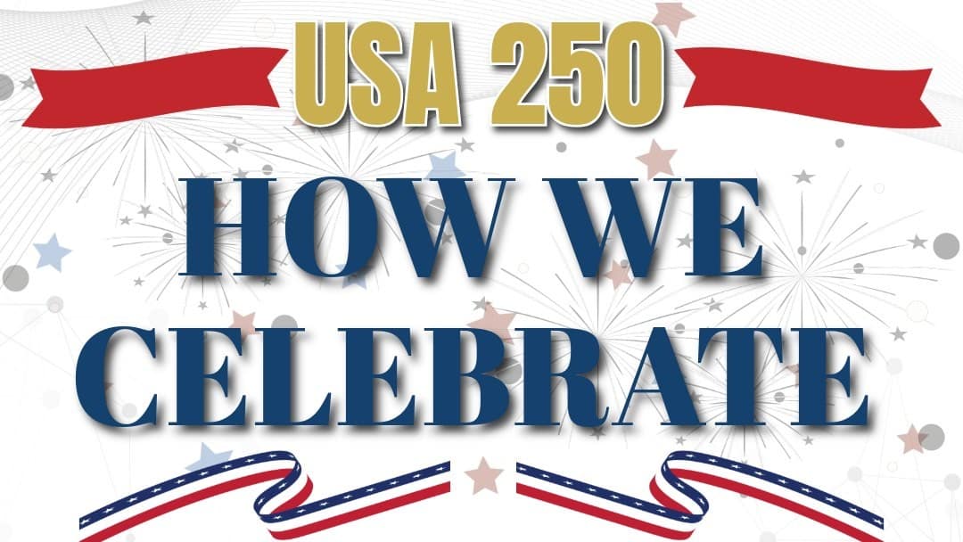 The words USA 250 How We Celebrate, along with red white and blue patriotic ribbons and stars.