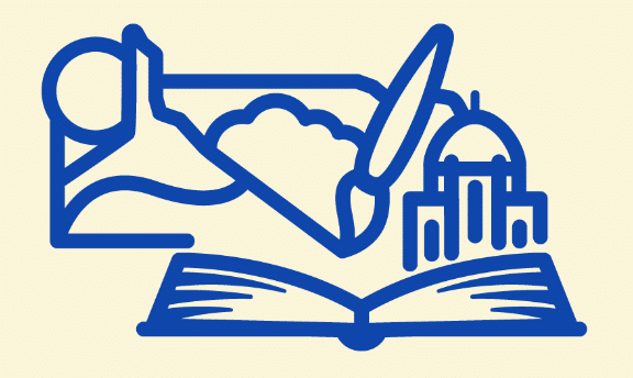 logo in the shape of the state of Nebraska, featuring line drawings of the top of the Capitol, a paint brush drawing a line, an open book, and Chimney Rock with a sun and cloud.