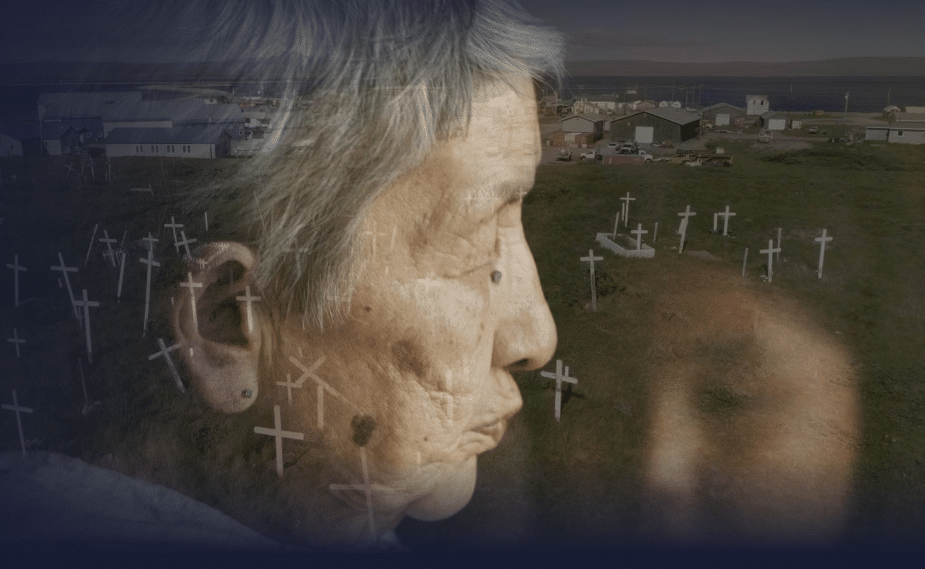 The faces of an older woman and a younger woman are superimposed onto a scene of a graveyard with white crosses on a hill near a coastal community.