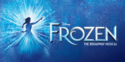 Text on a blue background reads Disney Frozen the Broadway Musical. There is a sparkly silhouette of a women in a dress and her hair in a braid.
