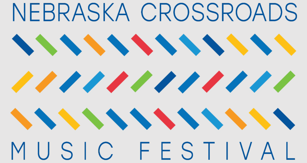 Music event logo with three rows of short horizontal lines in different colors and the words Nebraska Crossroads Music Festival