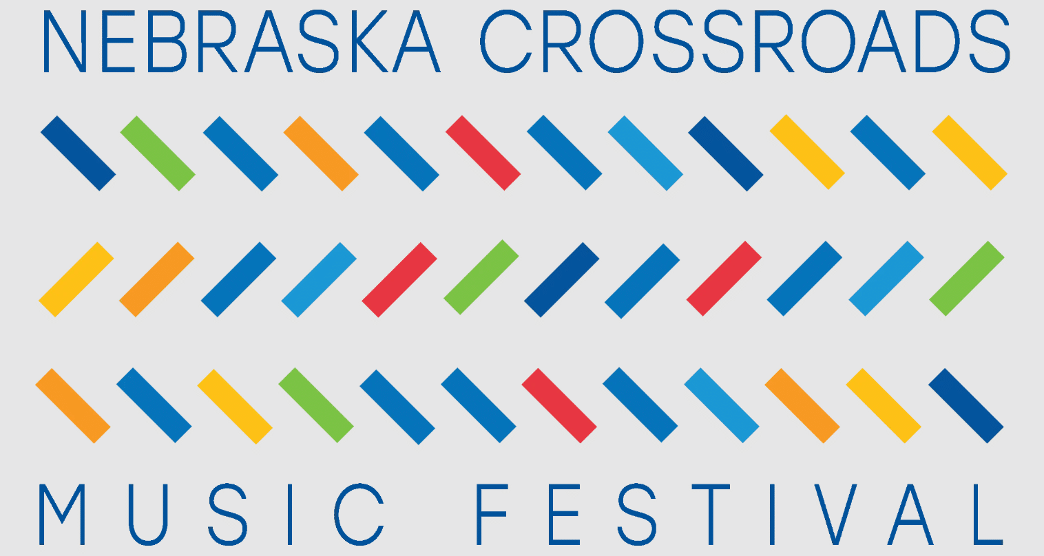 Music event logo with three rows of short horizontal lines in different colors and the words Nebraska Crossroads Music Festival