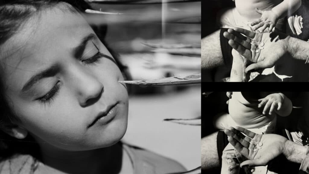 Composite of three black-and-white photos. Left side is a child with their eyes almost closed, their cheek pressing into a pointed plant leaf. Two images of the torso and hand of an infant held on the lap of an adult male whose free hand is open and holding some small objects.