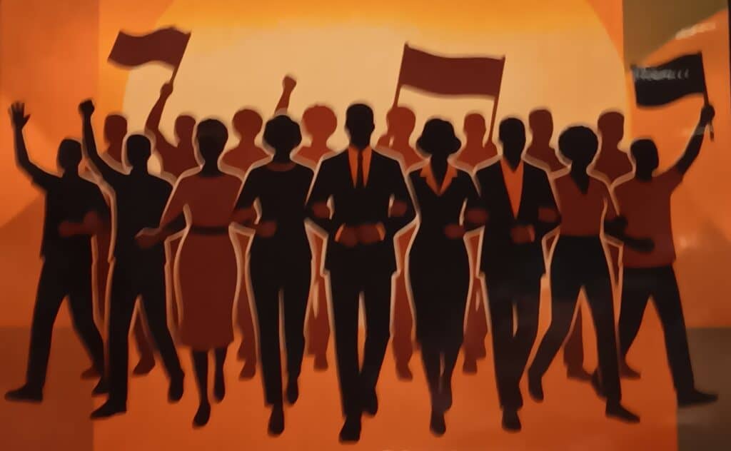 Illustration of people walking with linked arms. Some people in the background hold banners or flags.