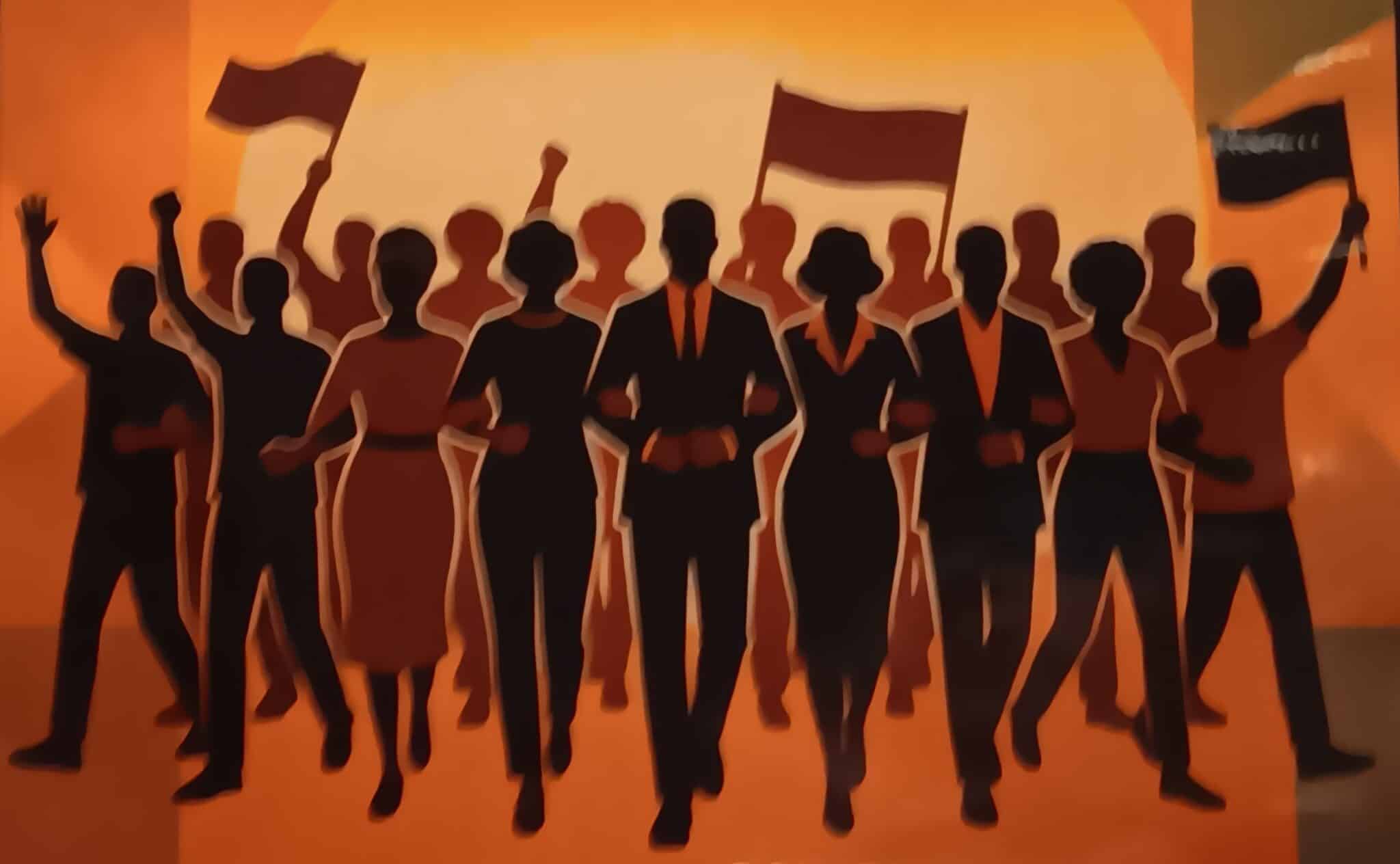 Illustration of people walking with linked arms. Some people in the background hold banners or flags.