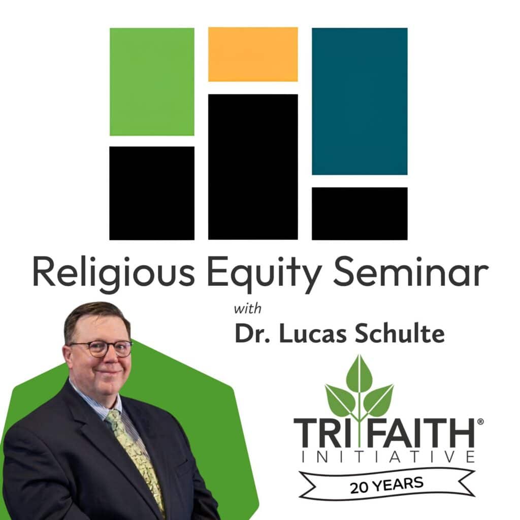 Headshot of Dr. Lucas Schulte and his name along with the title Religious Equity Seminar, the logo for the Tri Faith Initiative showing a 3-leaf plant and a "20 years" banner along with some decorative color blocks.