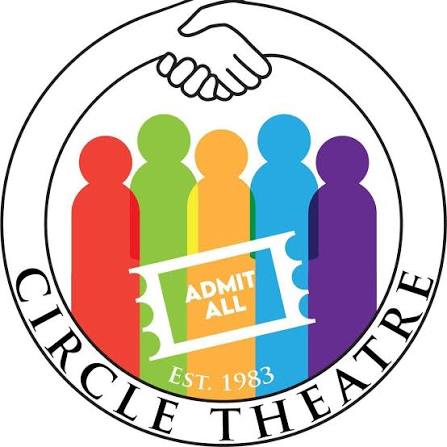 Logo showing 5 stylized icons of humans surrounded by a circle with two joined hands at the top and the text CIRCLE THEATRE. There is a ticket icon that says "admit all" and the words Est. 1983